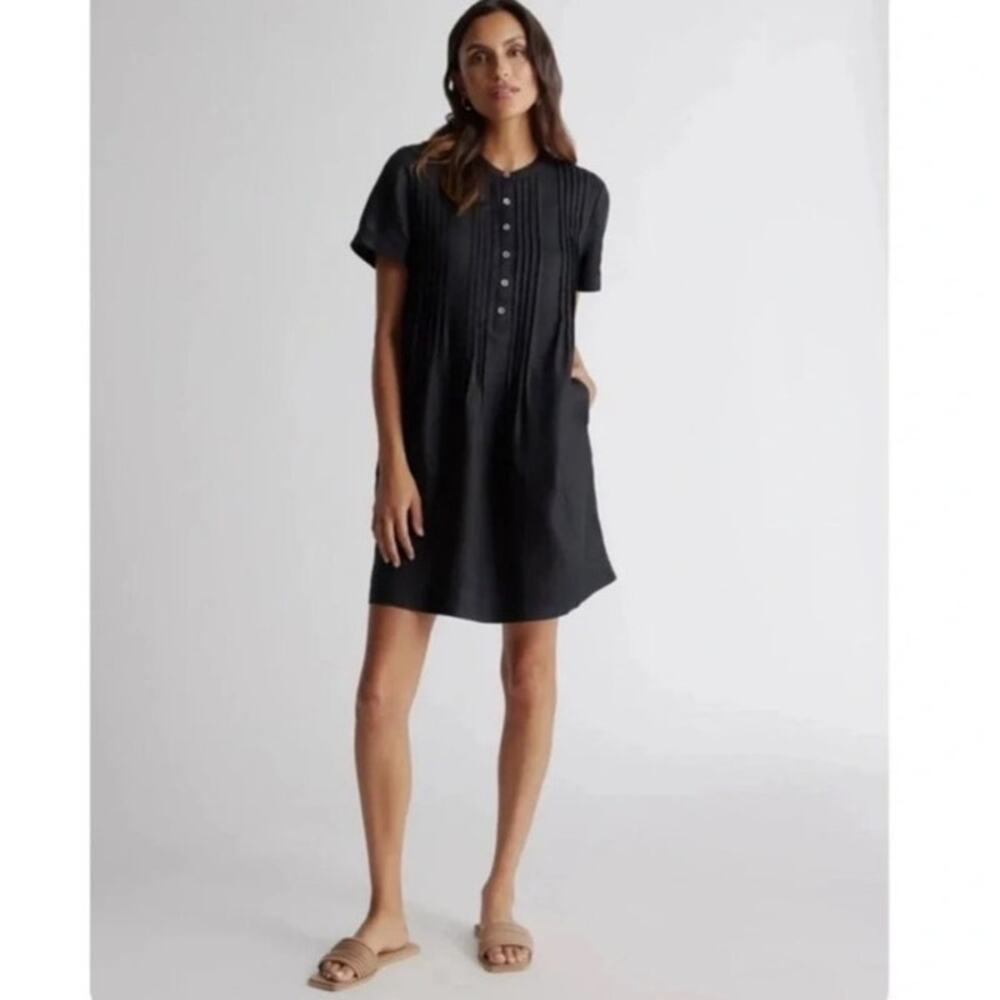Quince 100% European Linen Short Sleeve Swing Dress in Black Pockets Size Large